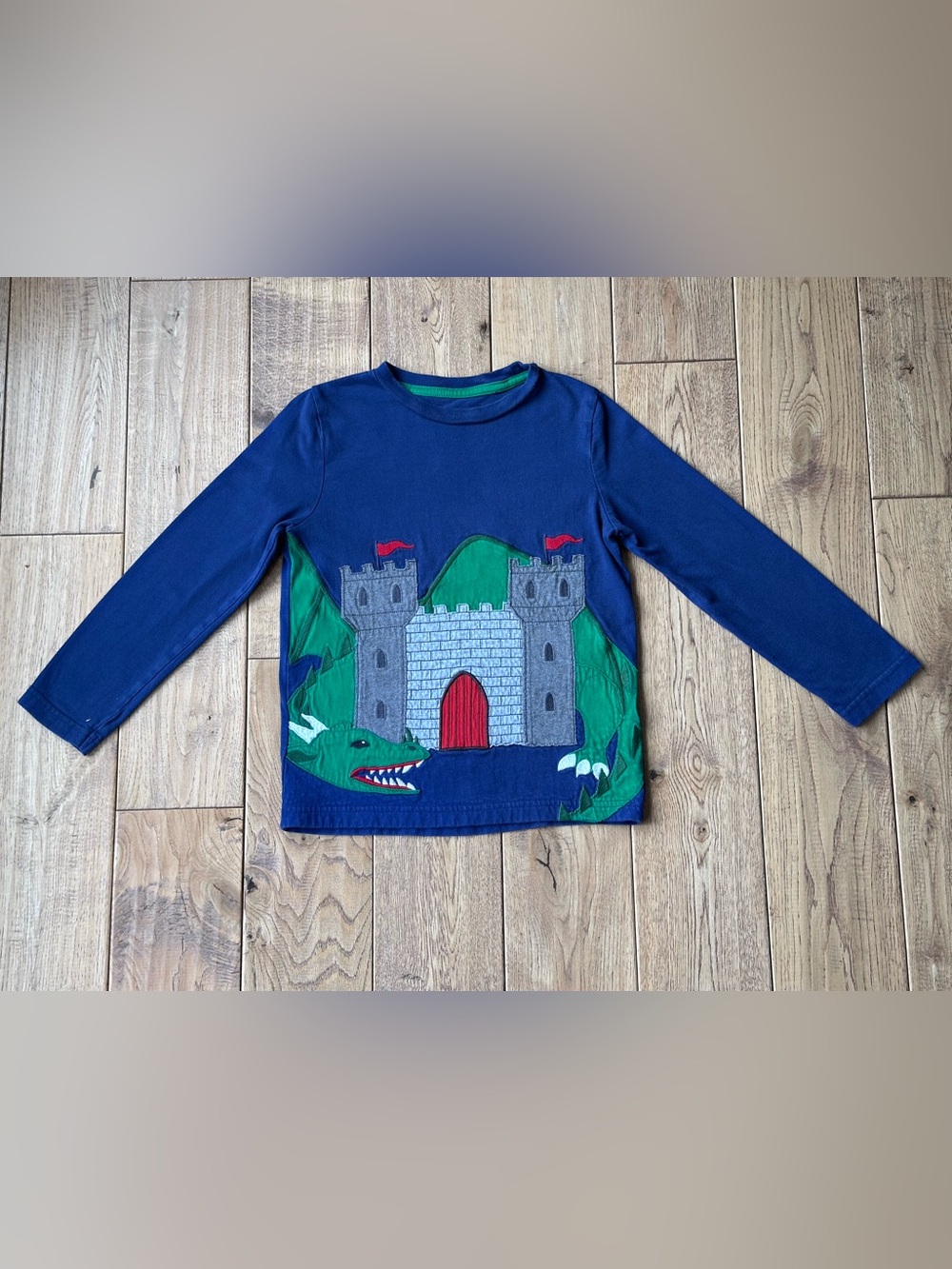 Mini Boden Castle & Dragon Appliqué Long Sleeve Shirt size 6-7